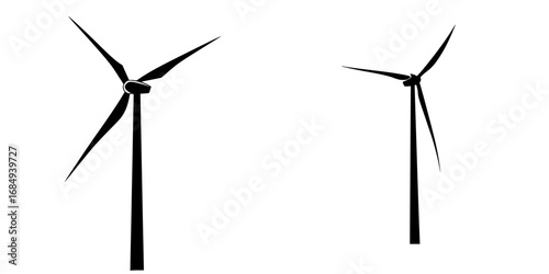 Minimalist black-and-white vector illustration of two wind turbines illustrating renewable energy generation in a clean environment