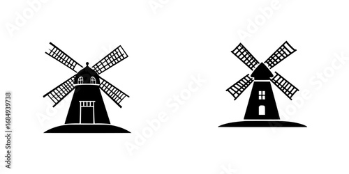 Unique black-and-white vector illustration of minimalist windmills on a simple landscape