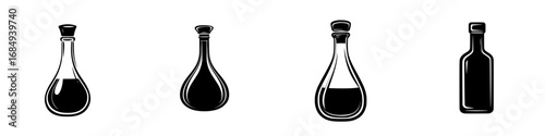 Minimalist black-and-white vector illustration of laboratory glassware silhouettes for science and educational themes