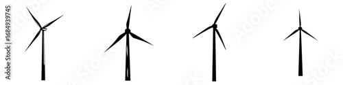 Minimalist black-and-white vector illustration of wind turbines showcasing renewable energy production and sustainable technology