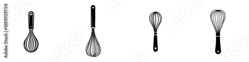 Simple black-and-white vector illustration of multiple whisk silhouettes for minimalist design