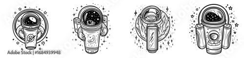 A line galaxy space icon symbolizes astronaut food with a squeezable tube, cosmonaut helmet, stars, and a crescent moon, serving as a modern black linear symbol for educational or astronomy science
