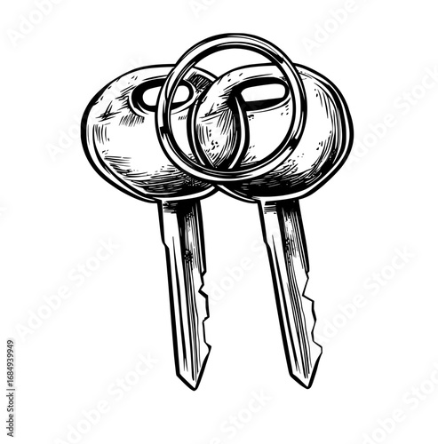 Hanging from a large metal ring, a cartoon icon set of old, rusty pirate keys embodies the essence of mystery and secrecy, hinting at the discovery of hidden treasures, ancient secrets, and