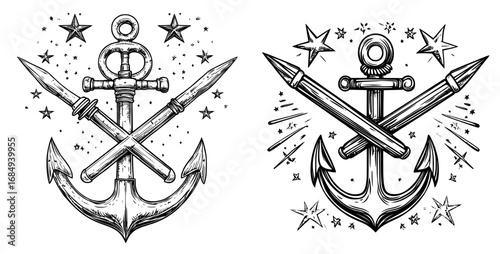 Cartoon modern emblem of a corsair or buccaneer naval crest, symbolizing adventure and maritime navigation with a heraldic ship anchor, pirate sabres, swords, cannons, golden compass star, and red