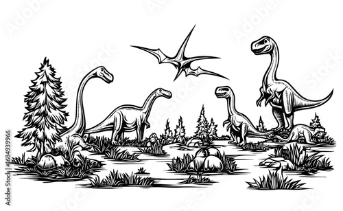 Prehistoric dinosaurs, lizards, and Jurassic reptiles are showcased in a modern cartoon paper cut silhouette frame, making it perfect for inclusion in a children's dinosaur encyclopedia or a