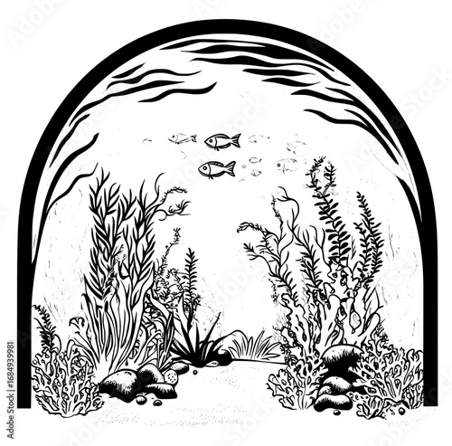Fantasy game asset depicting a magical underwater portal with a stone gate, a cartoon rock arch, and an array of marine life, including coral, seaweed, and fish, in a blue water setting