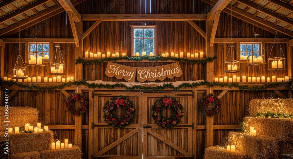 Obraz premium Cozy Christmas Barn Celebration with Warm Candlelight and Festive Decor