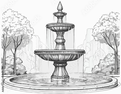 Fountain. Doodle style. Beautiful outdoor marble fountain.