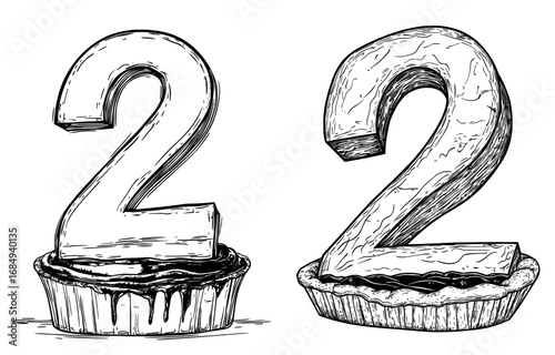 In a bakery, pastry dessert, font, chocolate cake, and digit 2 or two, are linked to pastry and confectionery type numeral symbol and modern mathematics font digit