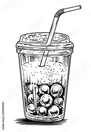 A transparent plastic glass contains a vibrant purple and pink cartoon milk bubble tea, featuring tapioca boba pearls, a green straw, and marshmallows, all combined with splashes of sweet and modern