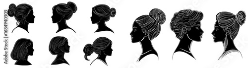 A woman's profile is depicted as a black silhouette of a girl's head in side view, showcasing stylish hair and a female black outline ponytail, suitable for a beauty salon logo or persons portrait,
