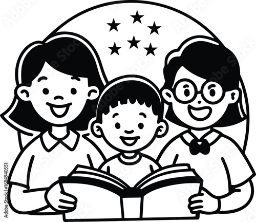 Happy Teachers Day Line art illustration of teacher and two children reading a book together
