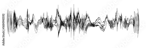 A blend of vintage noise grain, sand stipple voice, and musical sound waveform flow or sine wave, is achieved through the use of noise grain sound wave, modern black stipple gradient dotwork, and