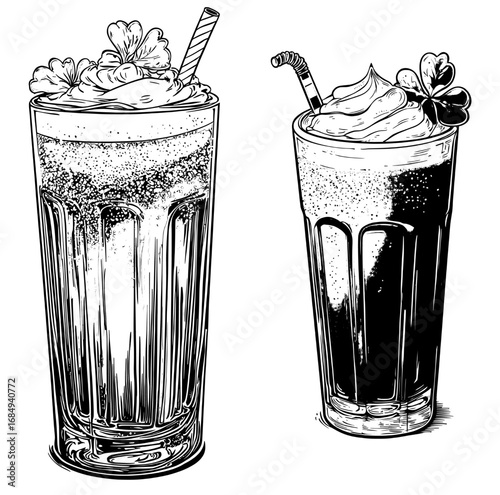 A cartoon representation of a modern celebratory drink for St Patrick's Day features a festive green cocktail or milkshake in a tall glass, complete with whipped cream, a rainbow, shamrocks, and a
