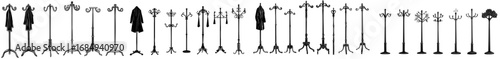 Modern black hanger silhouettes and hat and coat rack stands form a set that blends traditional and modern styles, creating elegant interior pieces