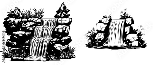Computer game design incorporates a cartoon waterfall, river water cascade, and mountain stream cascade as a key item