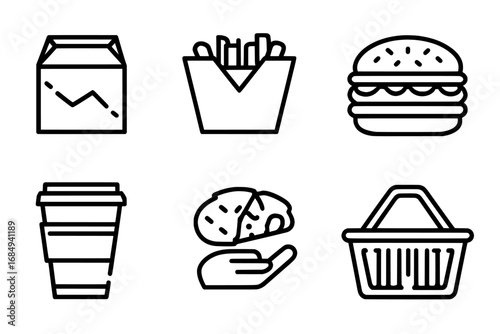 A charity line collection box filled with love is the central element of a modern illustration on a white background, highlighting food donations and humanitarian volunteer activity