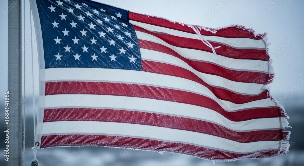 Fototapeta premium Tattered american flag waves in the Alaskan breeze on Patriot Day remembrance