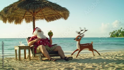 Santa relaxing on beach chair with coconut drink under umbrella  