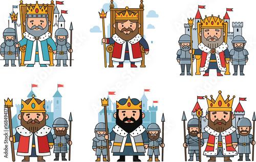 Cartoon kings with royal guards, medieval castle background, throne and crown, flat vector illustration, ancient monarchy, fairytale king characters set