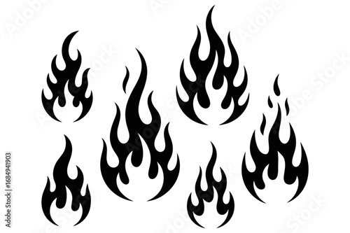 A graphic illustration featuring seven stylized black flame designs on a white backdrop image