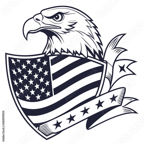 Patriotic Bald Eagle Shield with Waving Flag – Vector T-Shirt Design. Perfect for: Independence Day, Veterans Day, Memorial Day, parades, patriotic merch