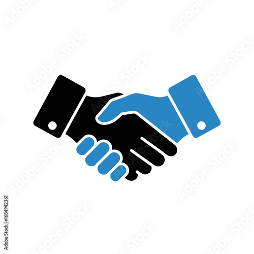 A simple flat icon of two hands, one black and one blue, shaking in a gesture of agreement, partnership, or greeting.