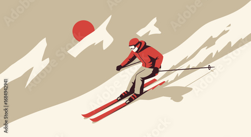 In a minimalist graphic style, a skier in a vibrant red jacket carves down a snowy slope against a backdrop of stark mountains and a bold crimson sun