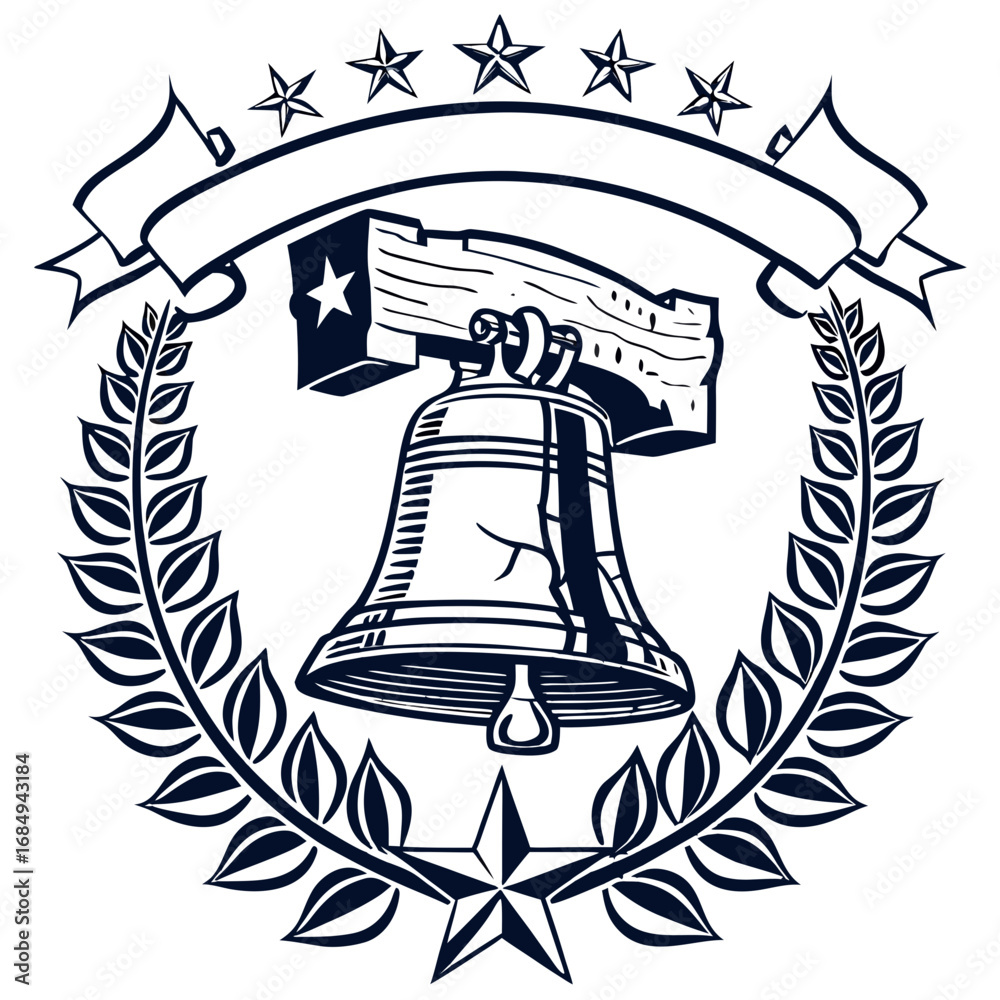 Fototapeta premium Liberty Bell Laurel Emblem – Vintage Patriotic Vector Tee. Perfect for: historical museum shops, Philadelphia events, reenactments