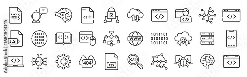 Programming and Coding Vector Icon Set – Editable Stroke Line Icons of Laptop, HTML, CSS, JavaScript, C++, AI, Cloud Computing, Database, Debugging, Binary Code, and Software Development – Minimal Out