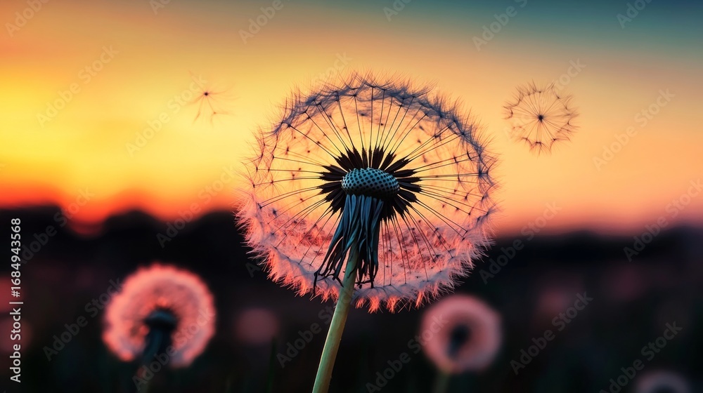 Naklejka premium Stunning Dandelion Seeds Dancing in the Wind at Sunset, Creating a Magical and Dreamy Atmosphere