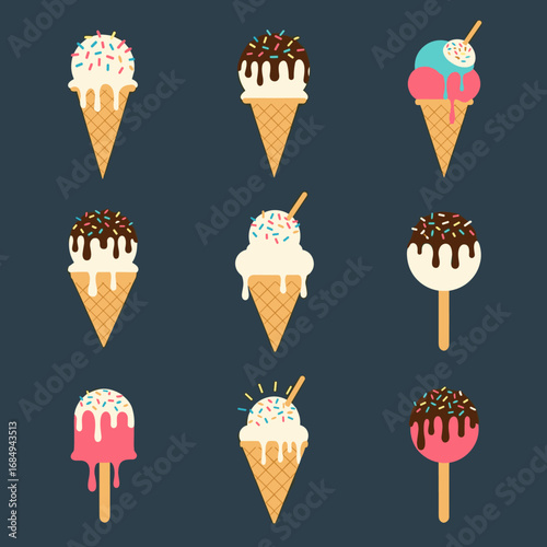 A collection of deliciously sweet frozen dessert cones and popsicles with colorful sprinkles