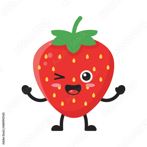 Adorable winking strawberry character with happy face and cute hands and feet artwork