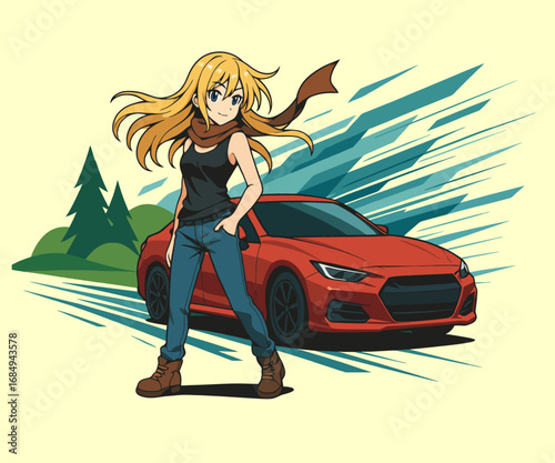 blonde anime girl with sport car 
