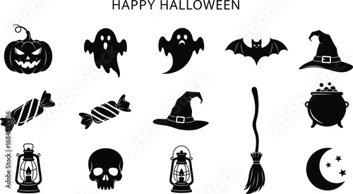 Happy Halloween silhouette vector set collection of Halloween symbols. pumpkin, ghost, bat, witch hat, candy, cauldron, broom, moon