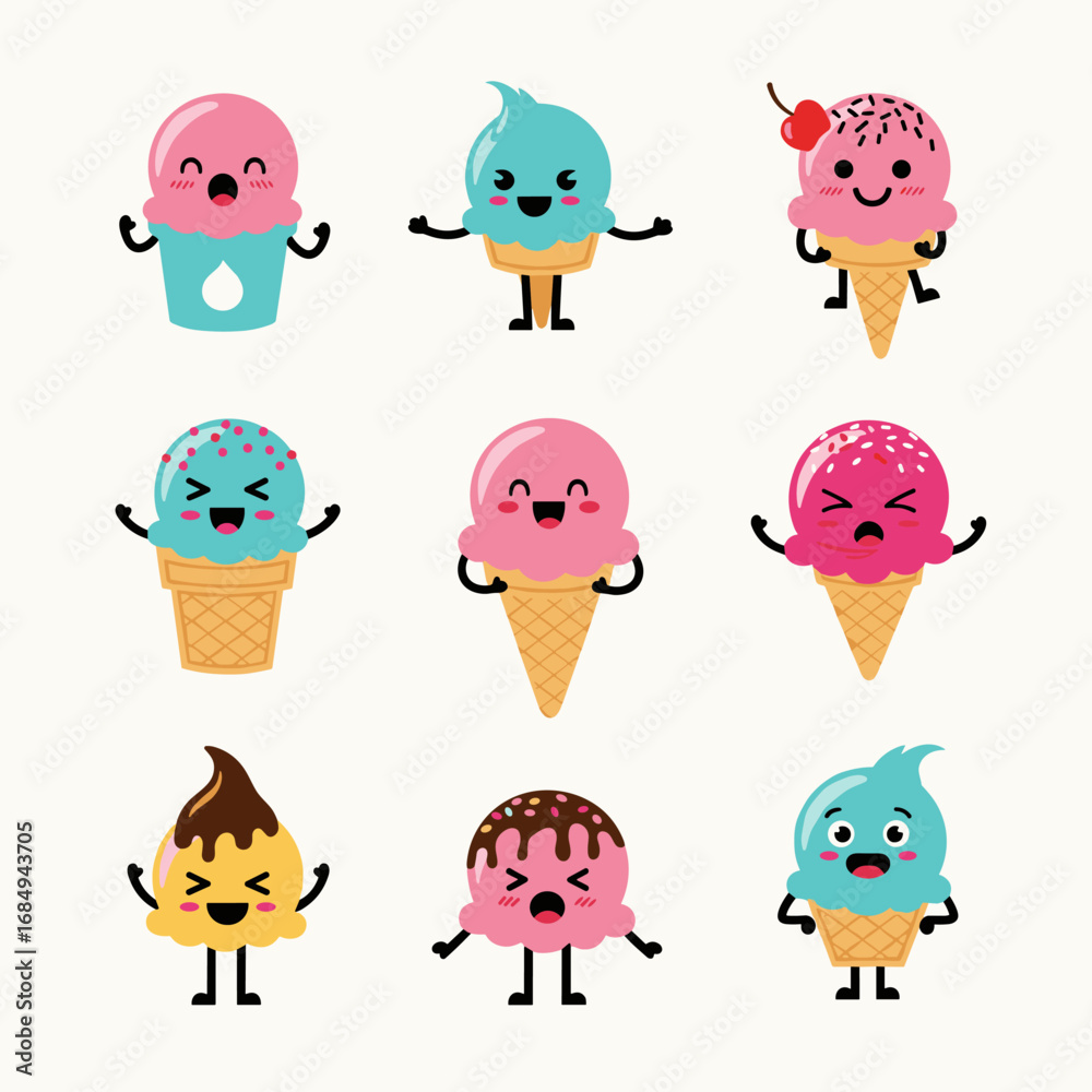Fototapeta premium A whimsical collection of adorable and expressive cartoon ice cream cones for summer fun and sweet treats