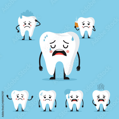 Several sad cartoon teeth expressing discomfort and pain showing dental health issues
