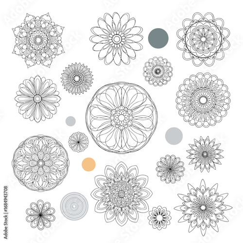 Intricate decorative mandala patterns featuring elaborate floral designs and geometric symmetry ideal for artistic projects