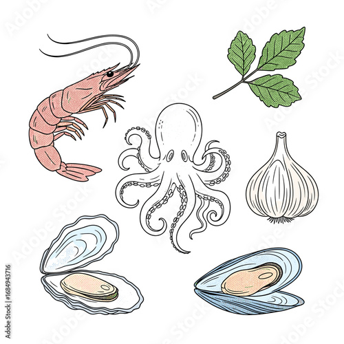A fresh collection of delicious seafood ingredients featuring shrimp octopus oysters mussels garlic and a sprig of herbs for culinary inspiration