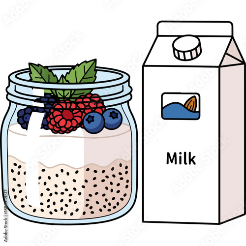 Overnight oats and almond milk - healthy breakfast illustration, perfect for food blogs, recipe books, and digital advertising.