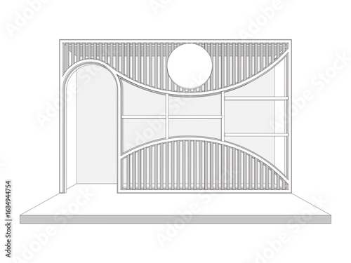 3d stand booth backdrop photo wall of fame 4x2 m with blank space logo company for preview event exhibition. Vector editable sketch outline drawing coloring.