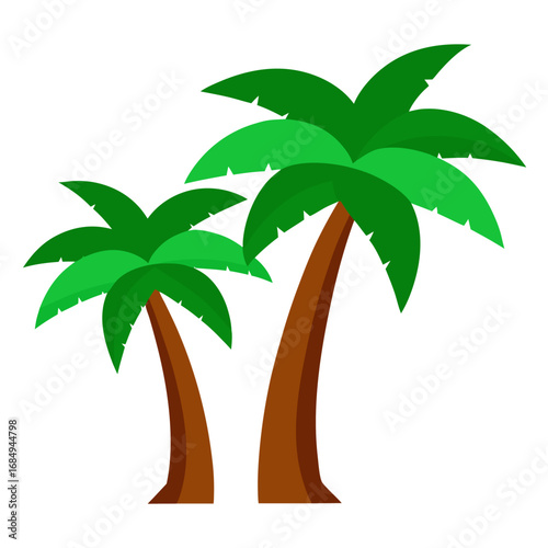 Two green palm trees with brown textured trunks vector on white background.