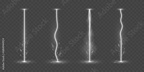 Set of vertical energy lightning bolts with soft fog and sparks effect. Realistic white electric beams for video games, VFX, futuristic or fantasy themes. Vector illustration.