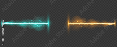 Lightning impact with blue and orange energy beams colliding from both sides surrounded by soft fog and sparks on transparent background. Light effect for Versus battle banner. Vector illustration.