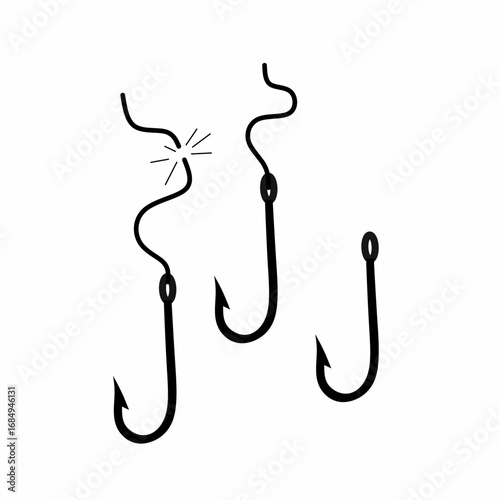 Vector illustration of a fishing hook in three different shapes on a white background. Concept of a sea fish trap with bait.