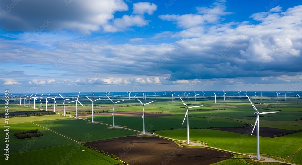 Fototapeta premium Wind Turbines in Green Field Under Blue Sky with Clouds