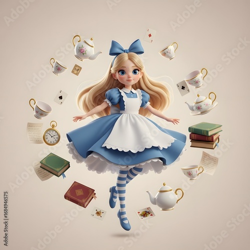 Alice in Wonderland Floating Amidst Tea Party Objects – Whimsical 3D Illustration of Alice with Teacups, Books, and Clocks in Midair

