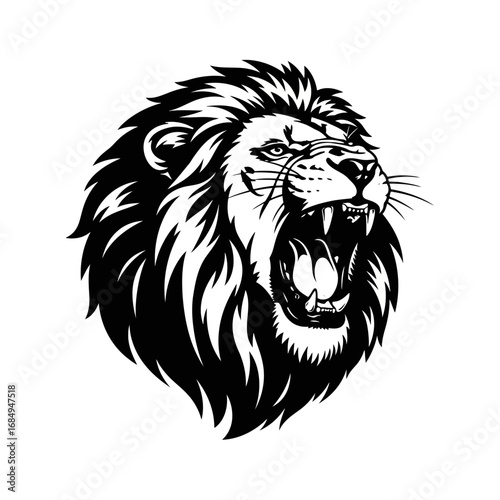 Fierce lion head roaring silhouette isolated on white background
