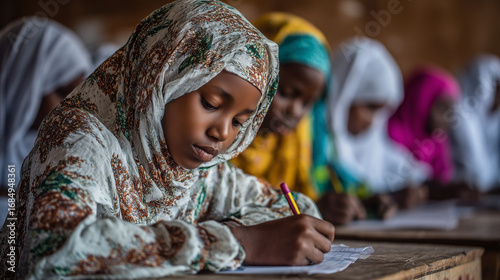 Girl in African-style headscarf  writing on paper with a pen, sitting at desk among other girls wearing colorful dresses and white scarves, holding papers. Classromm has wooden desks. Education theme.