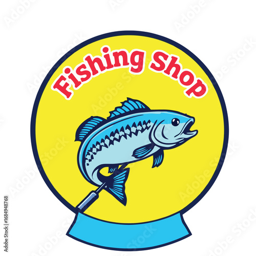Vsai fishing shop logo featuring jumping fish on hook